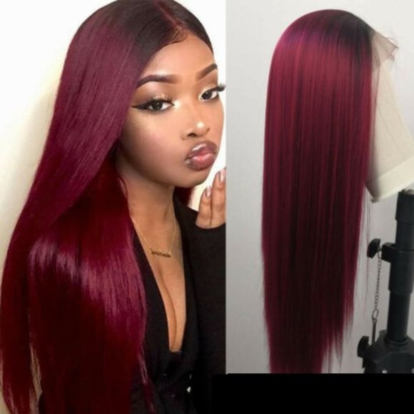 New Burgundy Long Silky Straight Lace Front Wig main image 6